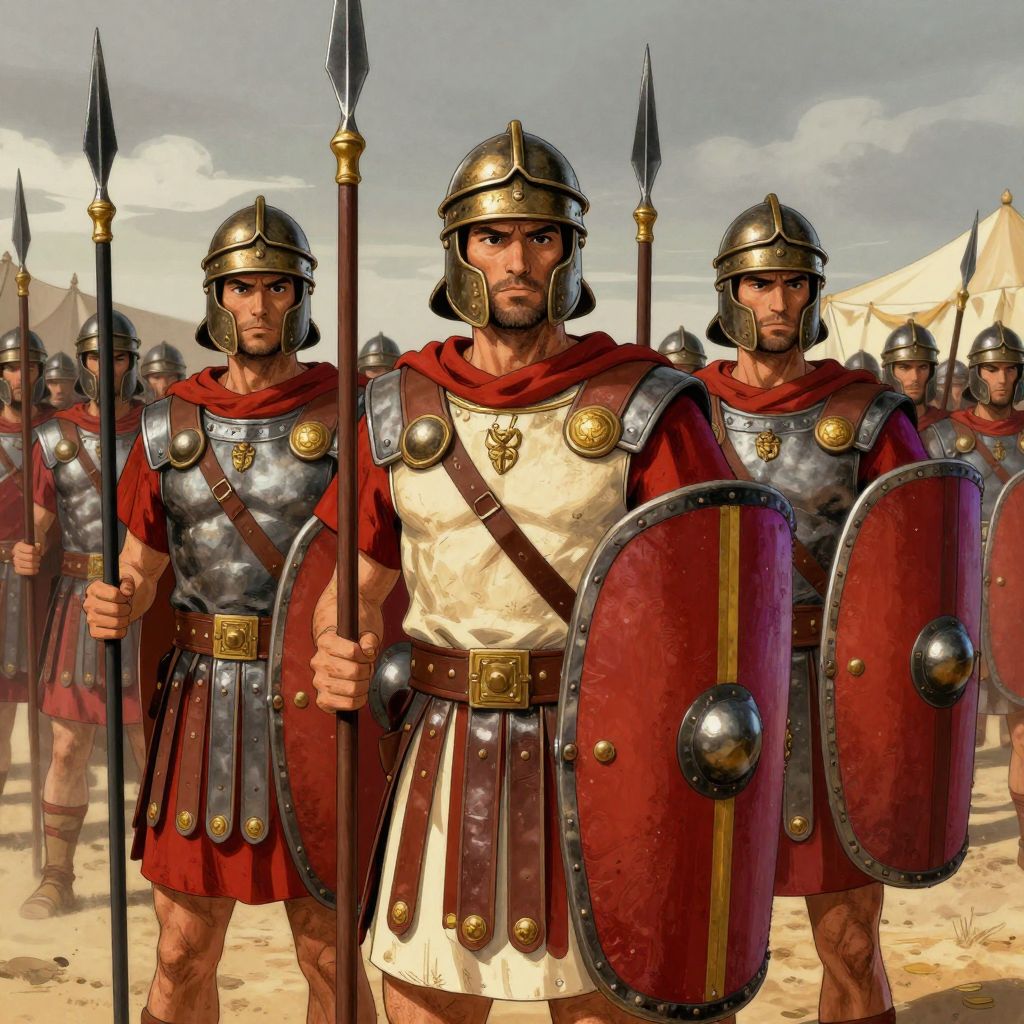 Rows of legionaries with red shields and pilum spears stand ready, expressions showing grim resolve