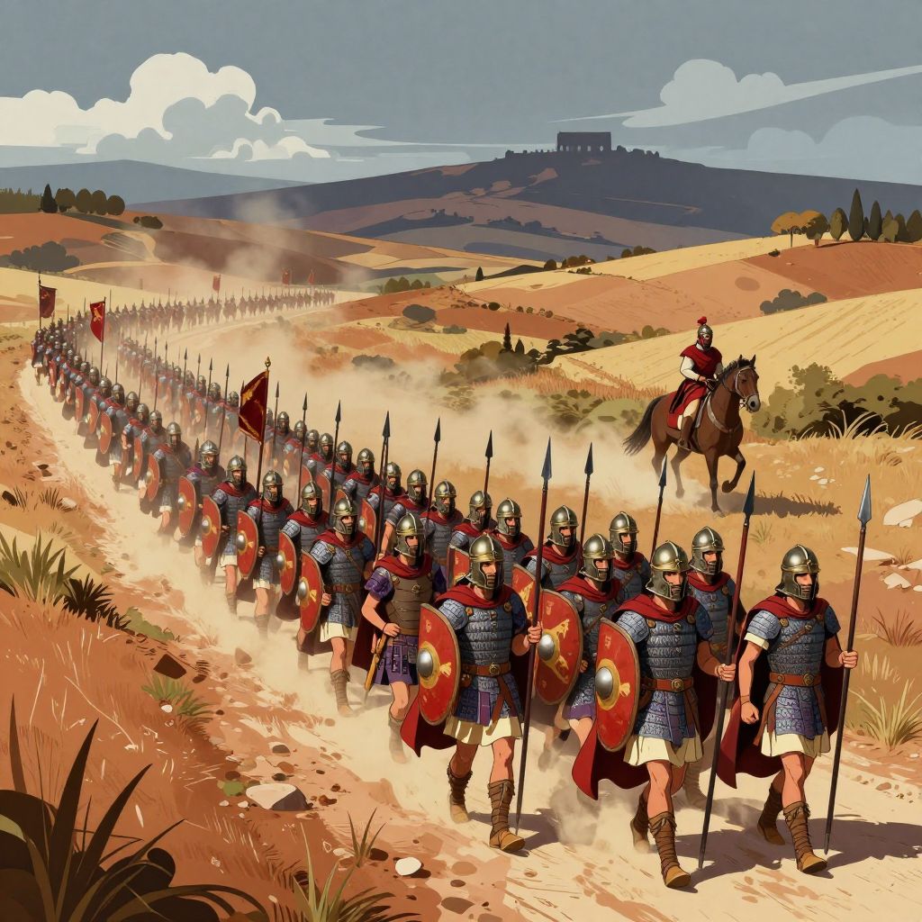Six legions marching in formation along a dirt road, columns stretching into the distance, Rome visible on distant hills