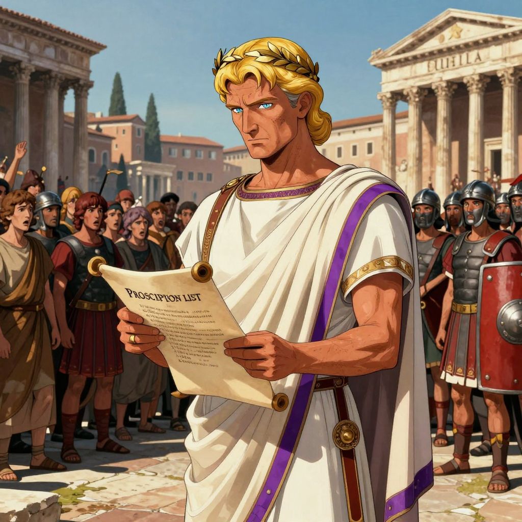 Sulla in the Forum reading from a scroll, the proscription list, while legionaries stand guard and the crowd watches in stunned silence