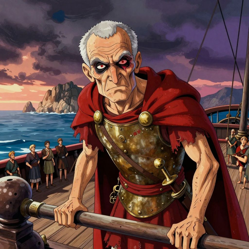 Aged Marius standing at ship's prow as it approaches Italian coastline, gripping the rail with trembling hands, eyes burning with rage