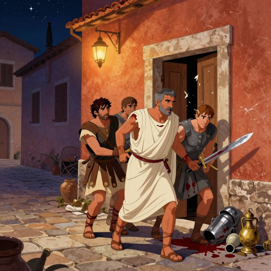 Roman street at night, armed men dragging a senator from his home, household guard lying dead in doorway