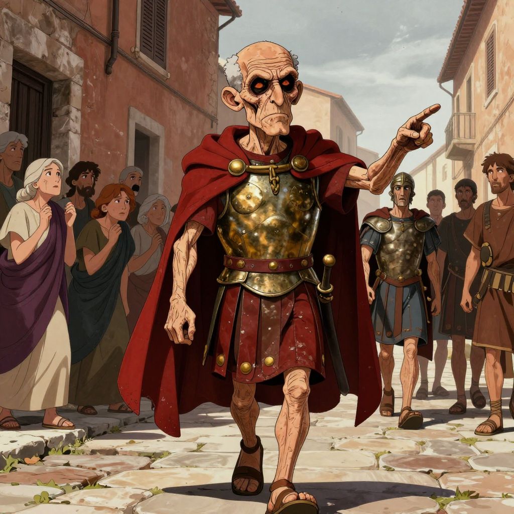 Marius walking through Roman street, arm raised pointing at someone, expression blank and mechanical, terrified Romans pressed against walls