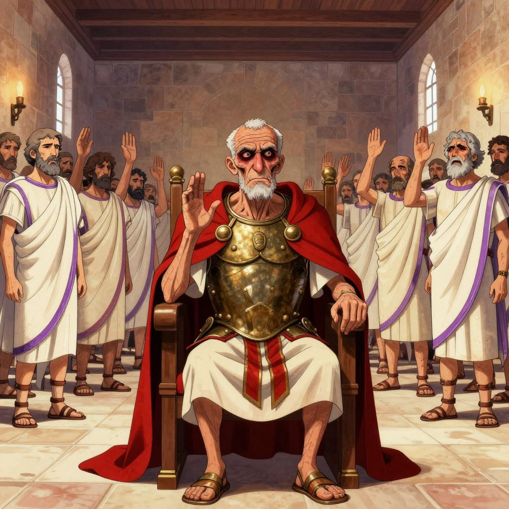 Marius seated in curule chair in Senate, senators raising hands in terrified vote, no celebration, only fear