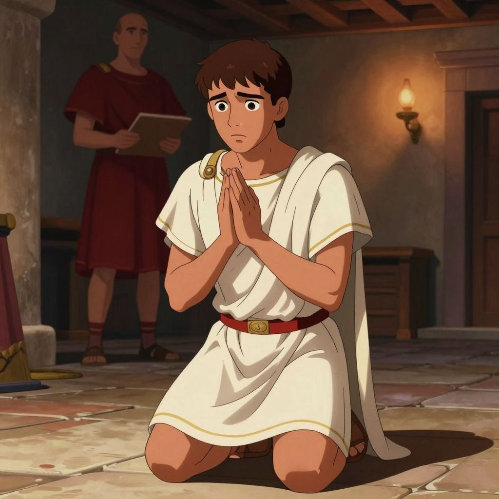 Young Julius Caesar kneeling in supplication, 18 years old, wearing travel-stained tunic, hands clasped in begging gesture