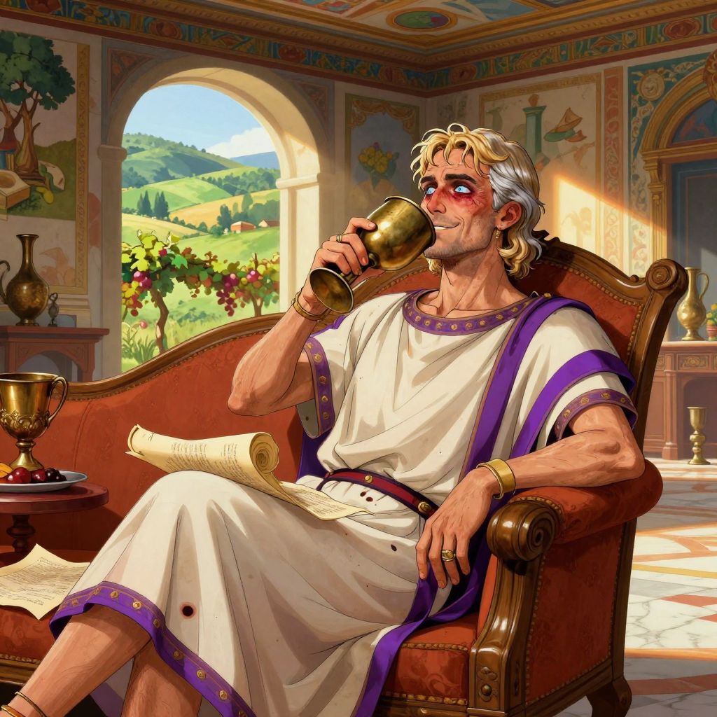 Sulla reclined in a cushioned couch, wine cup in hand, scrolls scattered around him, looking dissipated and bored