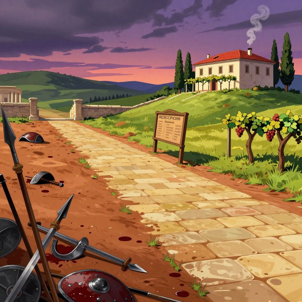 Wide landscape showing progression from battlefield with scattered weapons, to proscription board, to peaceful villa on green hillside