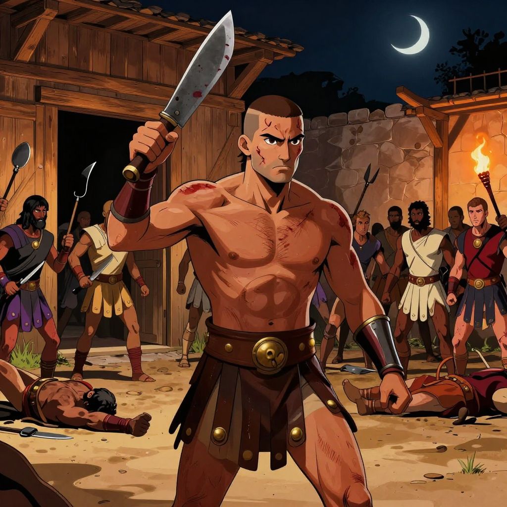 Spartacus leading seventy escaped gladiators bursting through wooden barracks door into moonlit courtyard, wielding crude kitchen implements