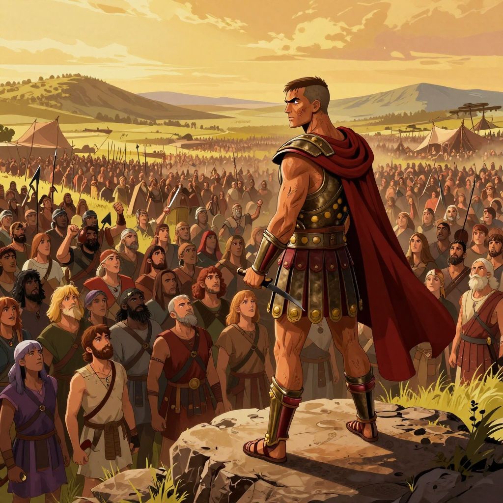 Spartacus standing elevated on a rock addressing a massive army of seventy thousand escaped slaves and rebels stretching to the horizon