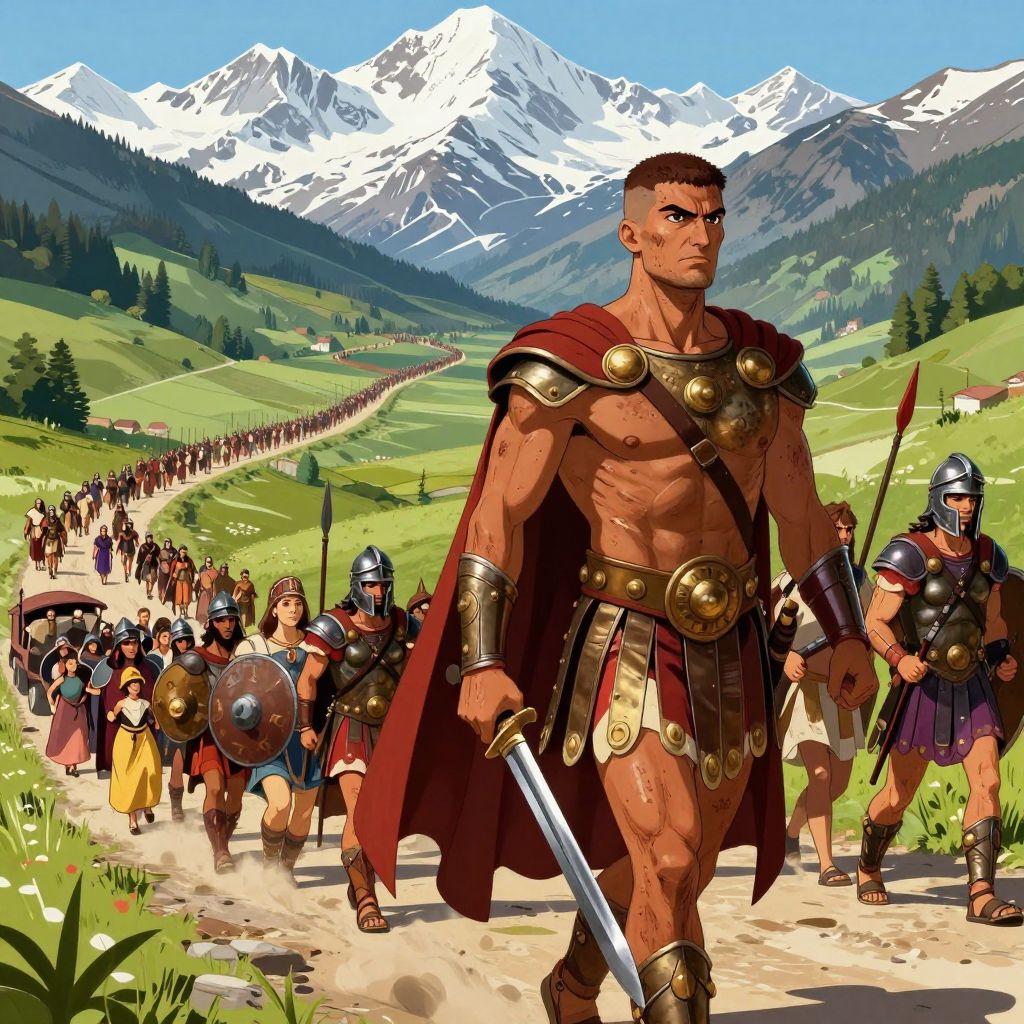 Massive column of rebels marching through valley toward snow-capped Alps in the distance, freedom visible on the horizon