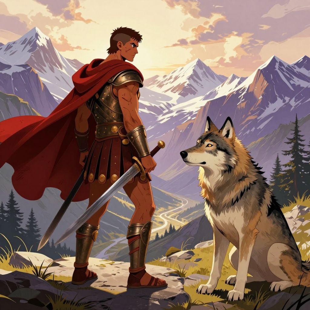 Spartacus standing at an Alpine mountain pass, turned back toward Italy with grim resolve, freedom behind him and death ahead