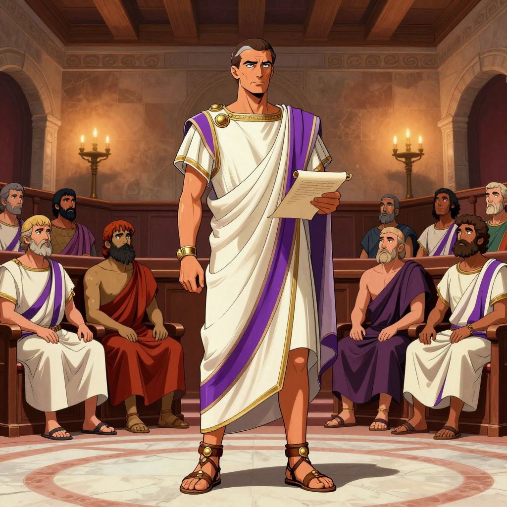 Marcus Crassus receiving command in Senate chamber, cold expression of aristocratic confidence