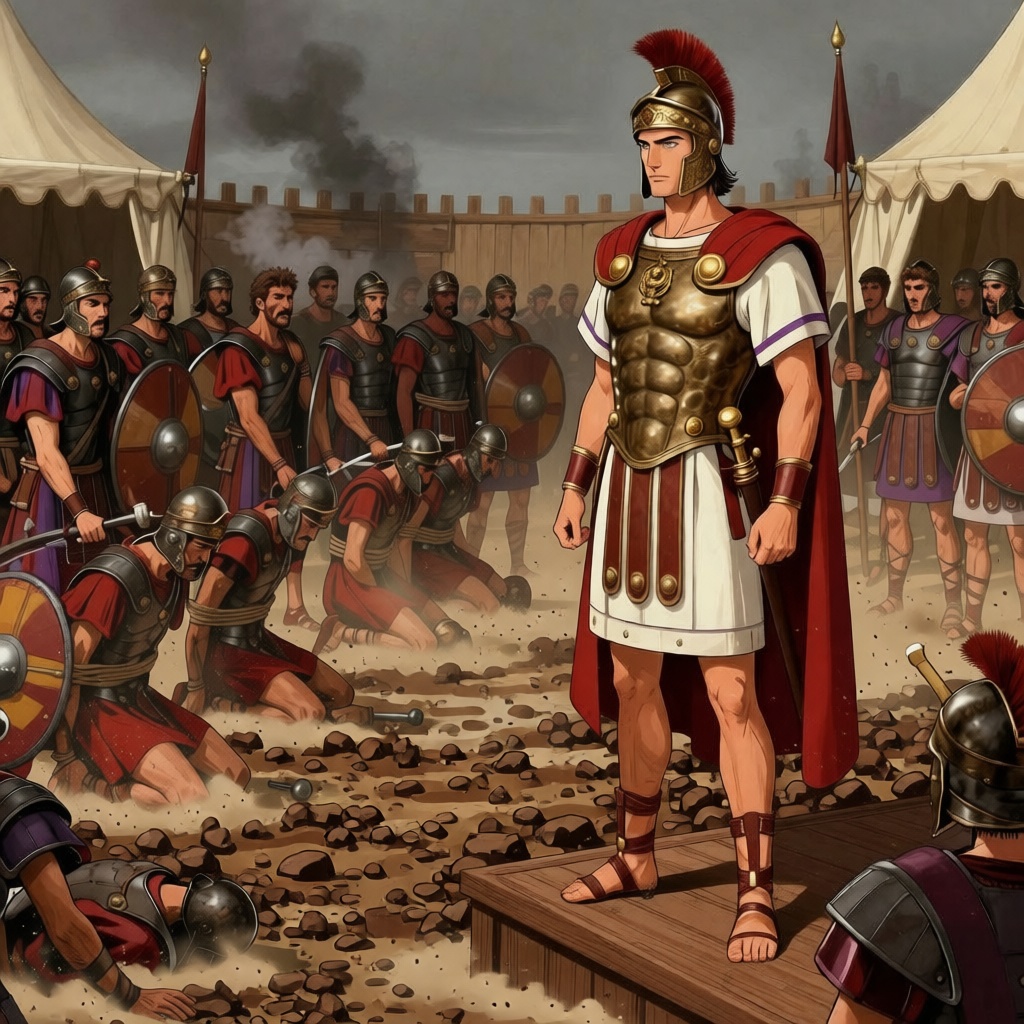 Crassus on horseback looking down at terrified Roman legionaries standing in perfect formation, displaying cold authority